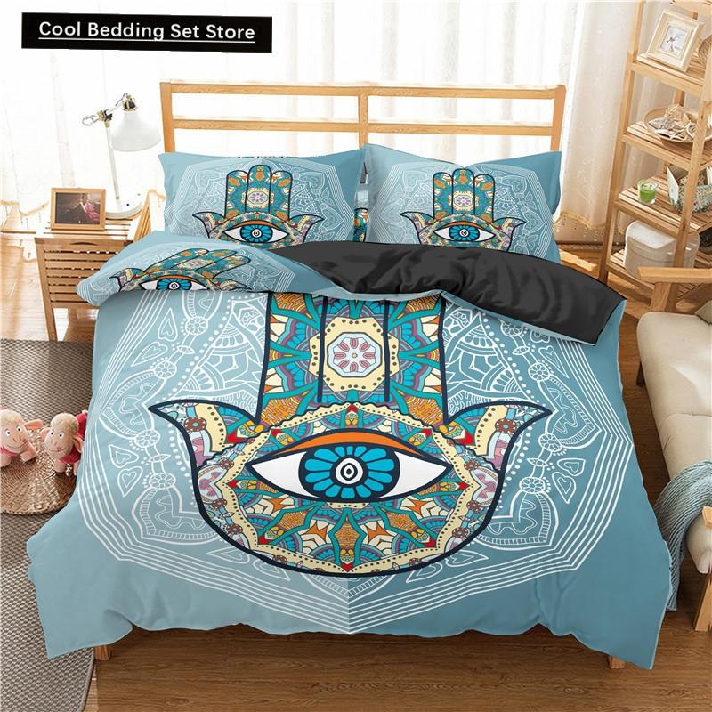 Comforter Hamsa Hand King Queen Gold Lucky Hand Of Fatima Bedding Set Black Boho Hippie Polyester Comforter
