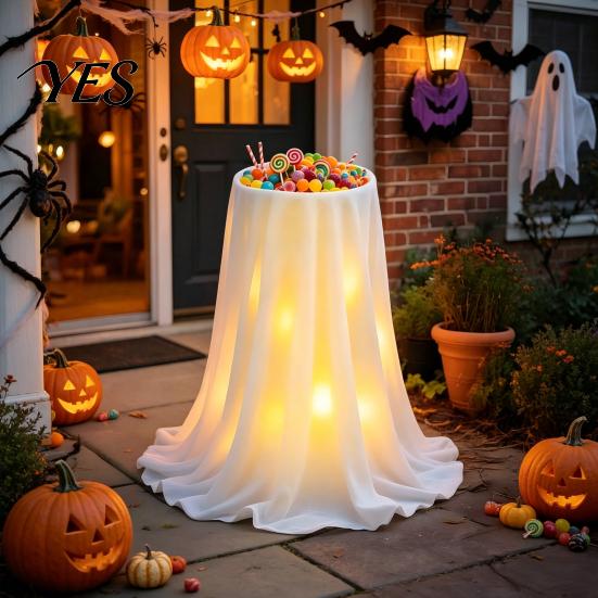 Trick or Treat Candy Table Halloween Decoration with 8-Mode Remote Control LED Light, Ghost Bowl Holder Tripod Stand, Cute for Front Porch Entryway