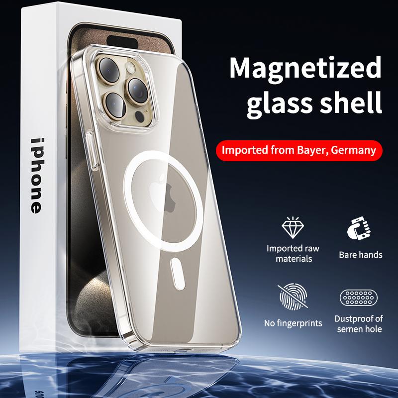 Прозрачный закаленный стеклянный чехол Magsafe для беспроводной зарядки iPhone 15 14 Pro Max 15 14 Plus, не желтеющий жесткий чехол-бампер из ПК