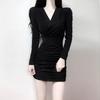 Стиль королевской сестры Черное приталенное короткое платье с V-образным вырезом для осени/зимы