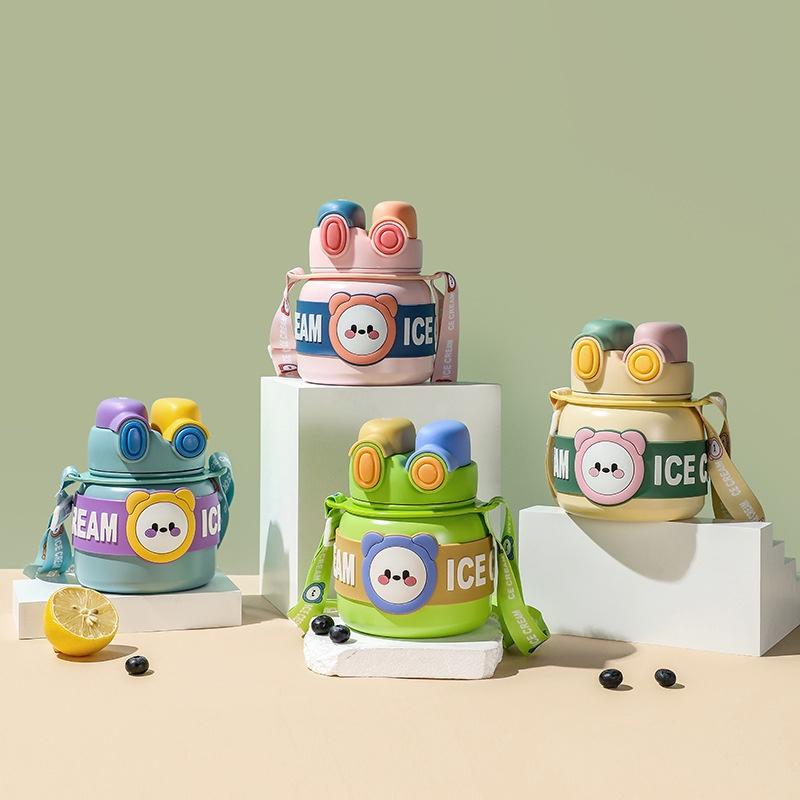 Lingpan Cute Cartoon Double Drinking Straw Big Belly Cup For Girls Outdoor Travel Shoulder Bag Water Bottle Large Capacity 850ml Barrel