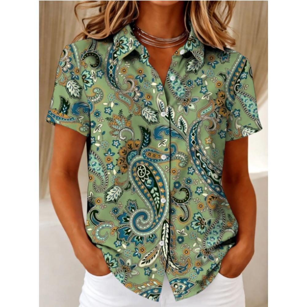 Women's Shirt Short Sleeve Shirt Button Down Blouse Vintage Pattern Printed Daily Casual Collar Regular Tops Daily Summer Spring