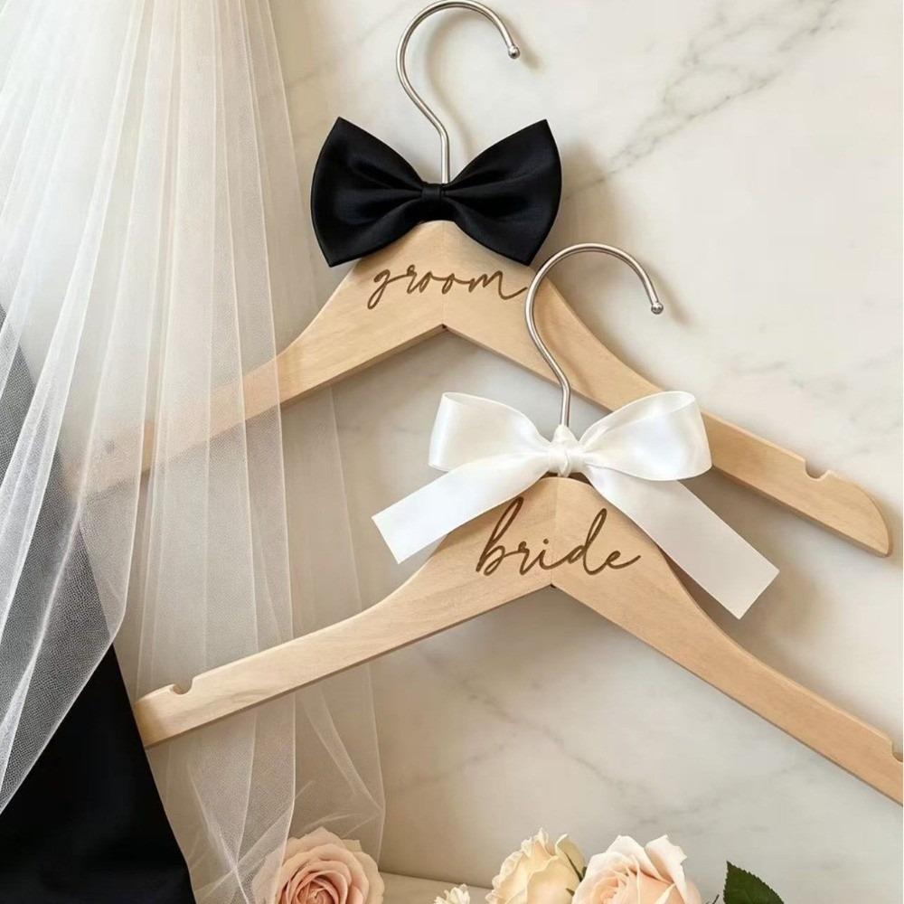 Laser Engraved Wooden Bride Clothes Hanger Wedding Suit Hanger Groom Suit Storage