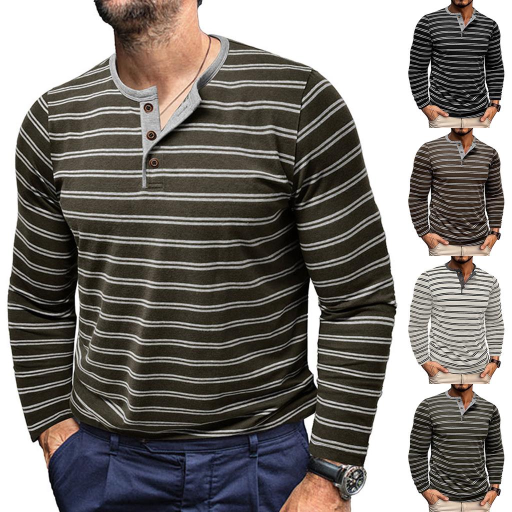 Men's Casual Long-Sleeved Shirts Striped Shirts With Three-Button Tops