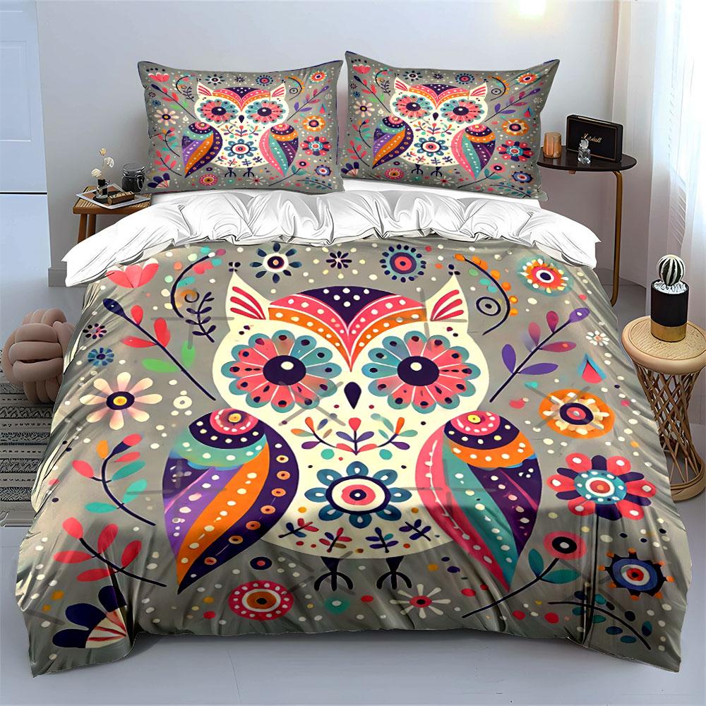 Colorful Owl and Floral Design Bedding Duvet Cover Set Duvet Cover Pillowcases (1*Duvet Cover 2*Pillowcases, without duvet insert)