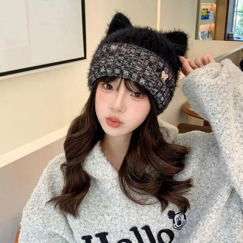 Женская зимняя шапка с кошачьими ушками и брошью-бабочкой - Эластичная складная шапка-бини, мягкая, теплая, защита ушей, зимняя шапка