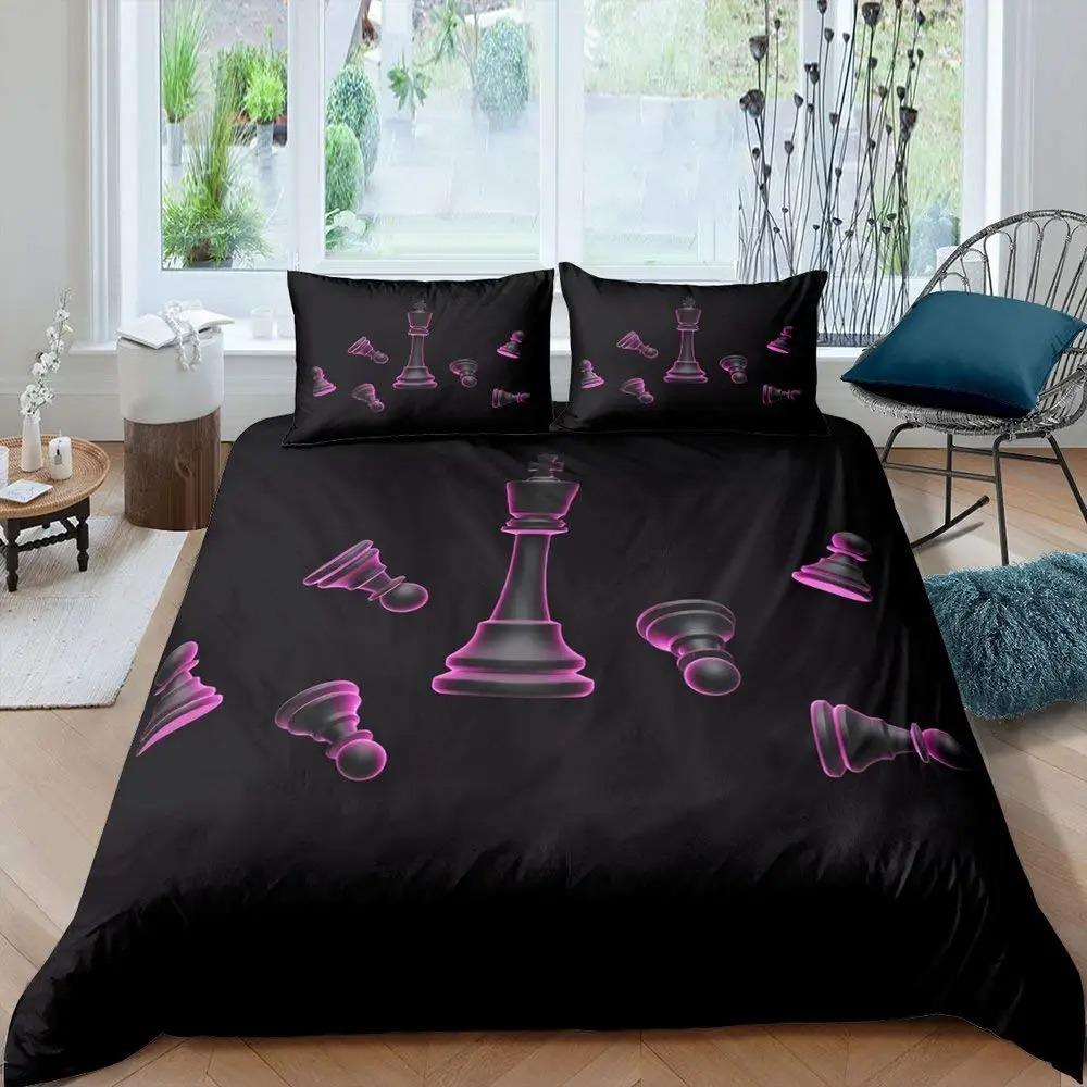 International Chess Duvet Cover Set Queen Size Chess Lovers Постельное белье для детей и взрослых Микрофибра Черная основа 23 шт Пододеяльник