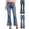 Yousheng Women Jeans Floral Embroidery Flared Leg Button Zipper Closure with Pockets Mid Waist Plus Size Long Trousers for Dating Daily Wear Commuting