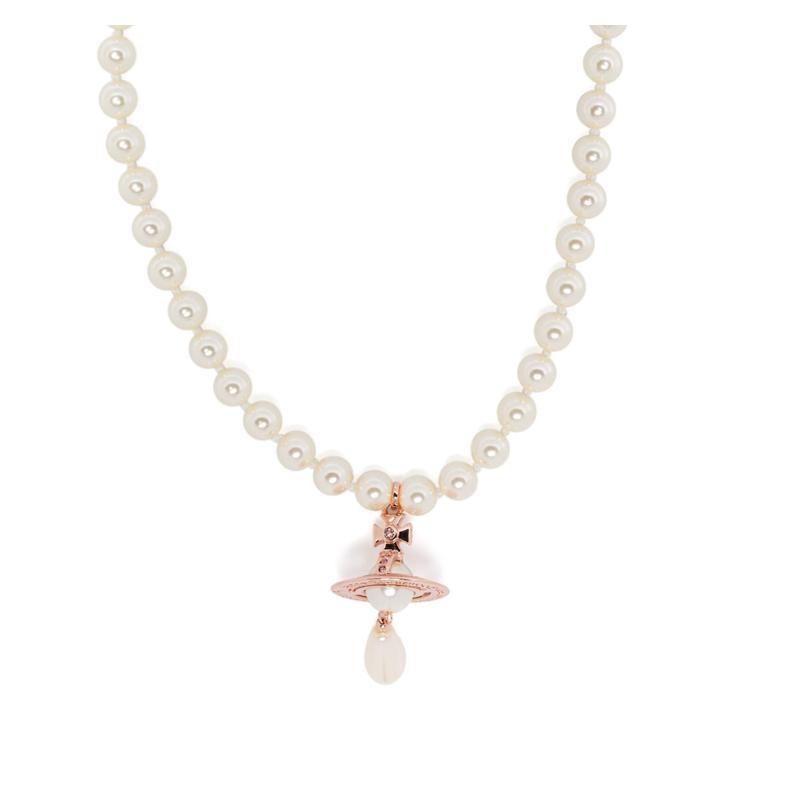 Vivienne Westwood One Row Artificial Pearl Crystal Brass Necklace Women's White 6303000802R118R118