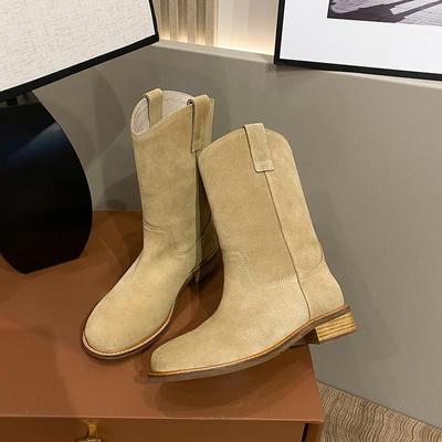 Обувь джинсовые женские сапоги на среднем каблуке для женщин полувысокие ковбойские туфли средней длины ковбойские новые рок-н-ролльные модные 2024