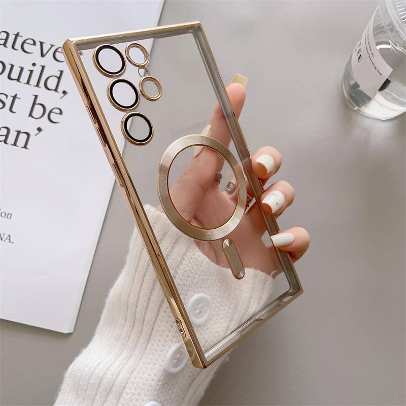 Luxury Transparent Plating For Magsafe Case For Huawei Mate 40 Samsung Galaxy S22 S23 S21 Ultra Plus Wireless Charge Silicone Clear Cover Cases