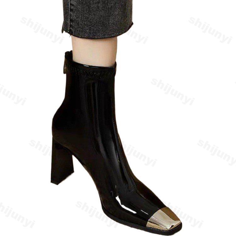 Новые зимние туфли на высоком каблуке 2025 года, сексуальные женские роскошные туфли с квадратным носком из металла, массивные ботинки челси до щиколотки, модные туфли-лодочки с молнией сзади в готическом стиле