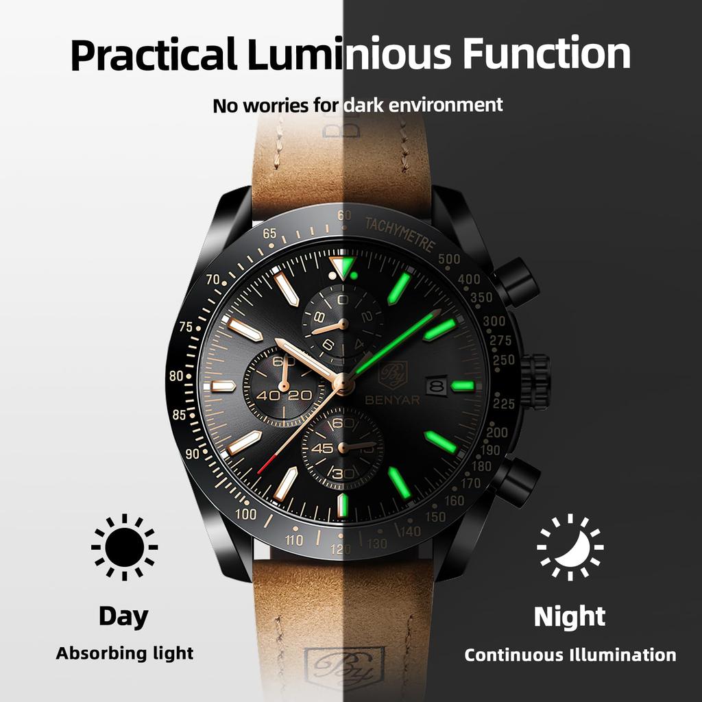 BY BENYAR Watch Watch Chronograph Analog Watch 30M Water Resistant Business Simple Stylish Popular Formal Leather Belt Quartz Watch Gift for Men Men's