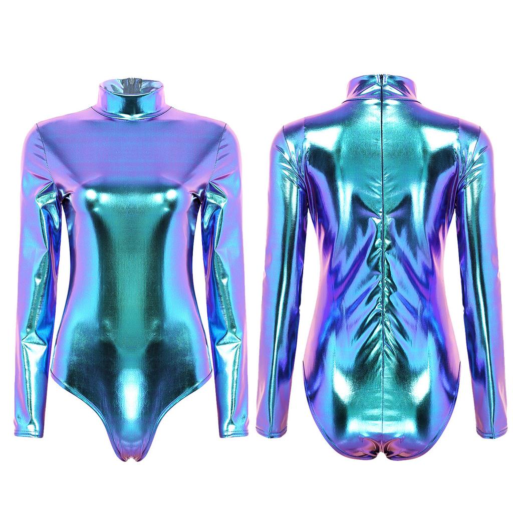 Women's Shiny Metallic Long Sleeve Turtleneck Thong Leotards Dance Gymnastics Bodysuit Clubwear
