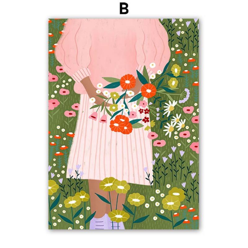 Бохо Мода Девушка Ваза с цветами Иллюстрация Настенное искусство Холст Живопись Абстрактный Постер и Принты Картины для Декора Гостиной