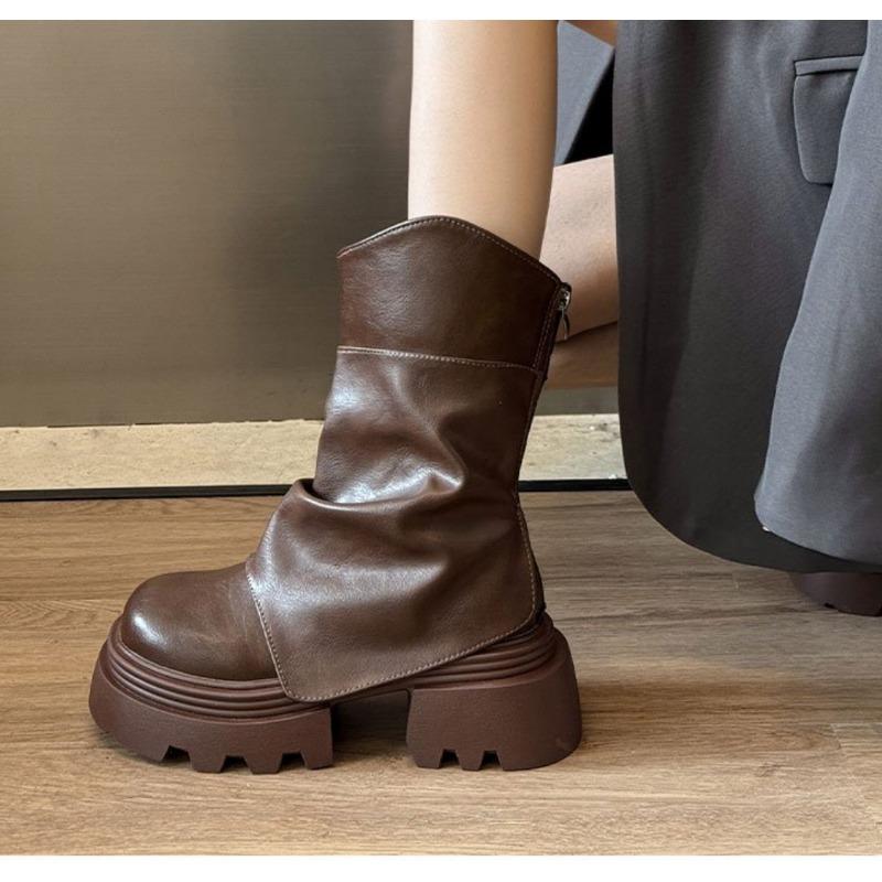Women Fashion Mid Calf Thick Boots Splicing Pleated Designer Winter 2025 Trend Vintage Women Shoes Leather Punk Modern Boots