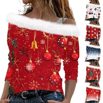 Женские топы с длинным рукавом, модные женские свободные пуловеры с рождественским принтом и открытыми плечами