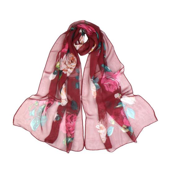 Women Faux Silk Scarf Flower Print Long Soft Scarf Sun Protection Beach Travel Outdoor Lightweight Shawl