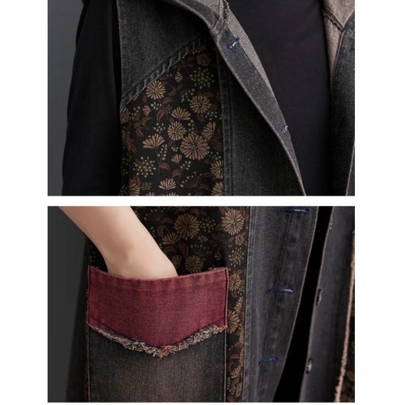 Women Autumn Sleeveless Big Pockets Vintage Print Jacket Hooded Design Loose Denim Jeans Vest Ladies Outerwear