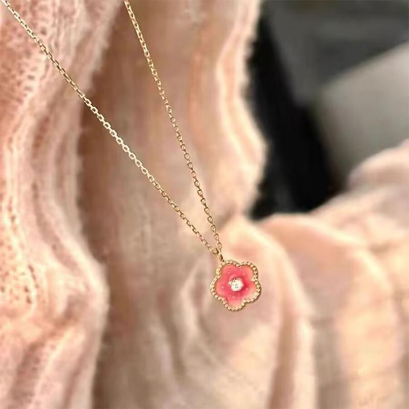 Peach Blossom Necklace Pink Flower Pendant Sweet Cute Collar Chain Shiny Zircon Clavicle Chain For Women  Jewelry Gift
