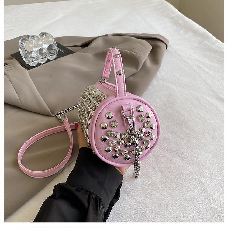 Ielgy Cylindrical Female Bag with Diamond Crossbody Chain Pillow Bag