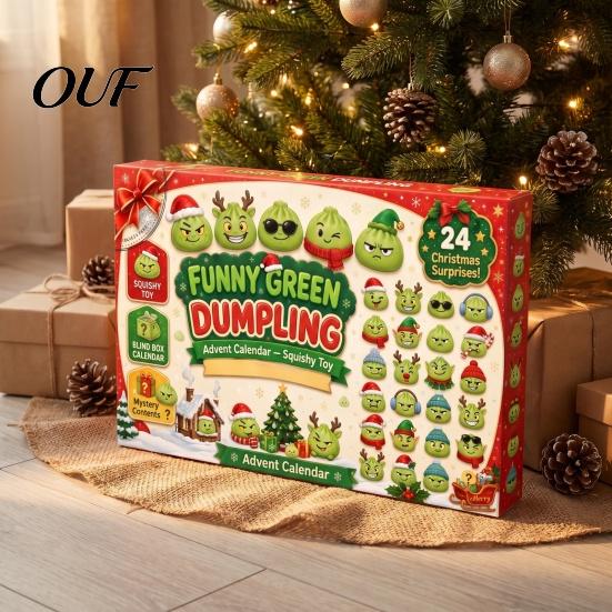 Soft TPR Fidget Toy Green Elf Dumpling Advent Calendar for Christmas, with 24 Stress Relief Squeeze Toys, Christmas Themed Gift Box Days Xmas