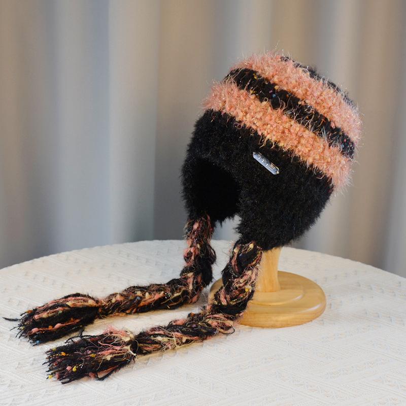 Женская осенне-зимняя теплая утолщенная защитная шапка с холодным мехом и бархатом, двойная тесьма, вязаная шапка, милая разноцветная шапка