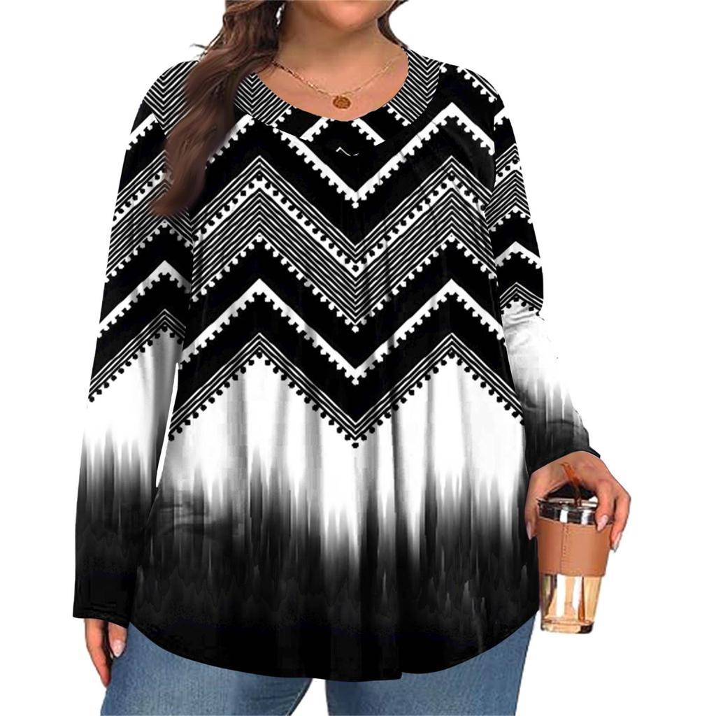 Women's Plus Size Fashion Printed Casual Pleated Round Neck Long Sleeve Top