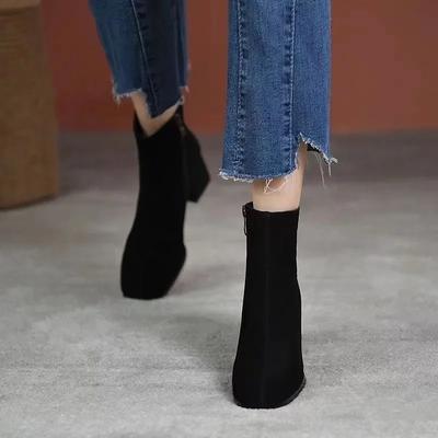 Острый носок квадратный каблук осень зима 2024 женская обувь для сапог квадратный носок толстый каблук зимняя платформа плюс бархатный блочный каблук