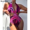 Sexy Colorful Printed Halter Women Swimwear One Piece Swimsuit Female High Cut Bather Bathing Suit Swim Backless Monokini