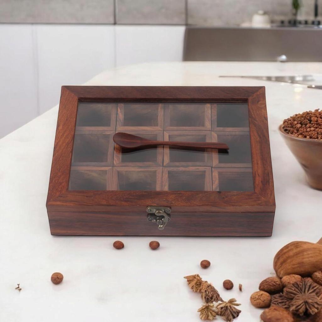 Деревянная коробка для специй с 12 контейнерами и ложкой, контейнер для специй для кухни, масала дабба, намакдани для кухни, деревянная коробка для масалы