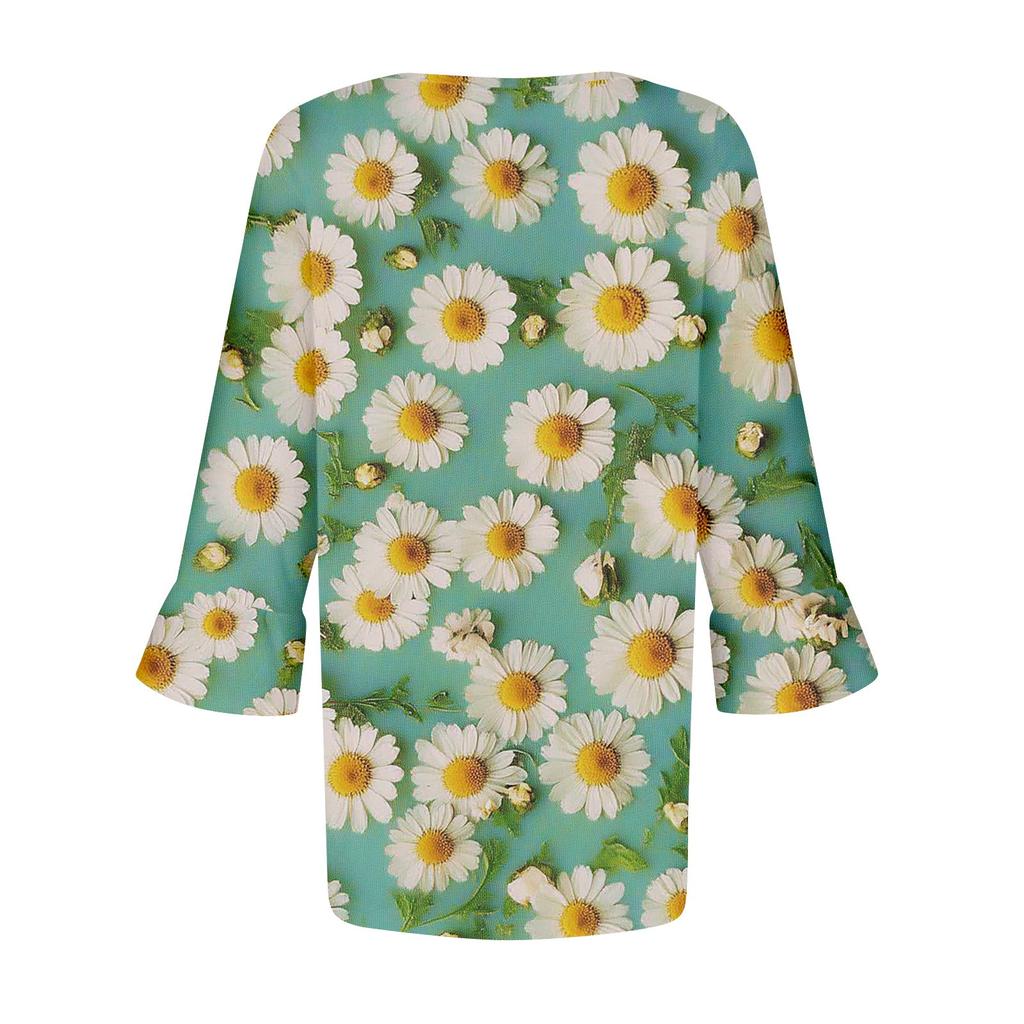 Женская модная повседневная плиссированная футболка с круглым вырезом и цветочным принтом, рукав три четверти