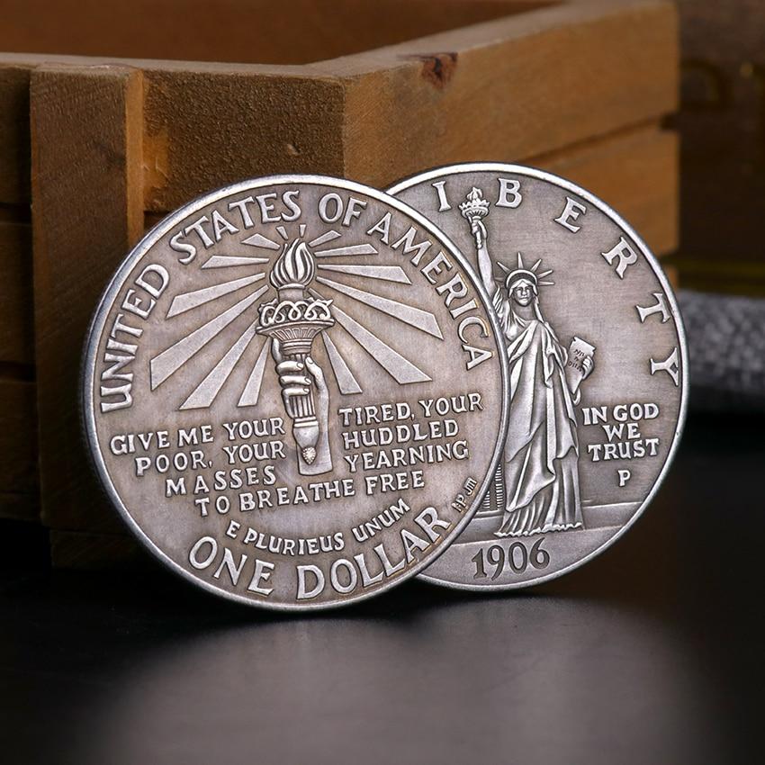 Старые американские реплики монет 1906 года Us Liberty 1 доллар, копия монеты острова Эллис, антикварные посеребренные медные коллекционные монеты