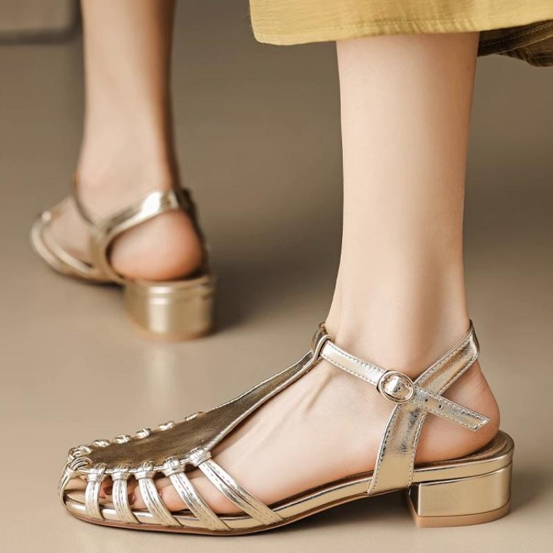 2024 Новые женские босоножки с Т-образным ремешком, узкие туфли на низком каблуке, серебристые свадебные туфли, золотые сандалии с вырезами, женские летние туфли