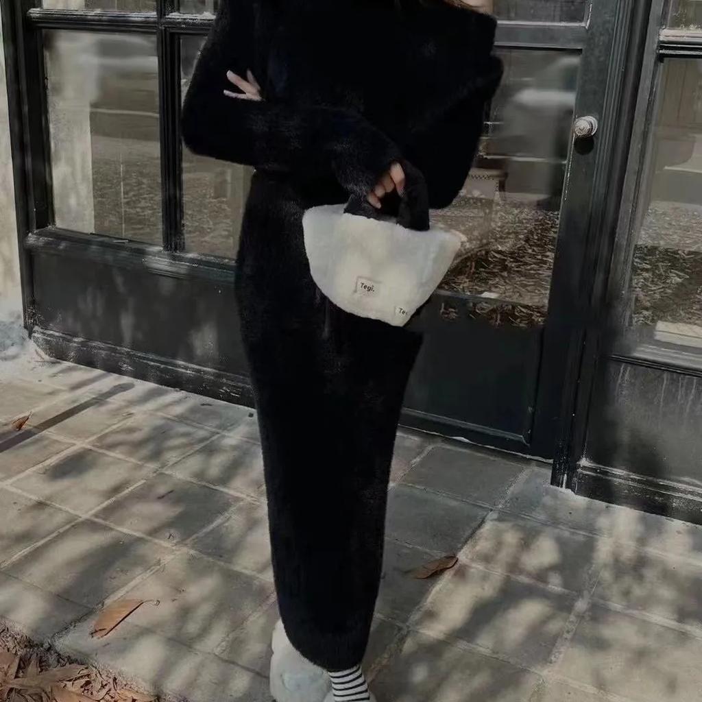 Осень-зима искусственный мех норки вязаный свитер юбка комплекты темперамент круглый вырез короткий пуловер укороченный топ высокая талия облегающие юбки