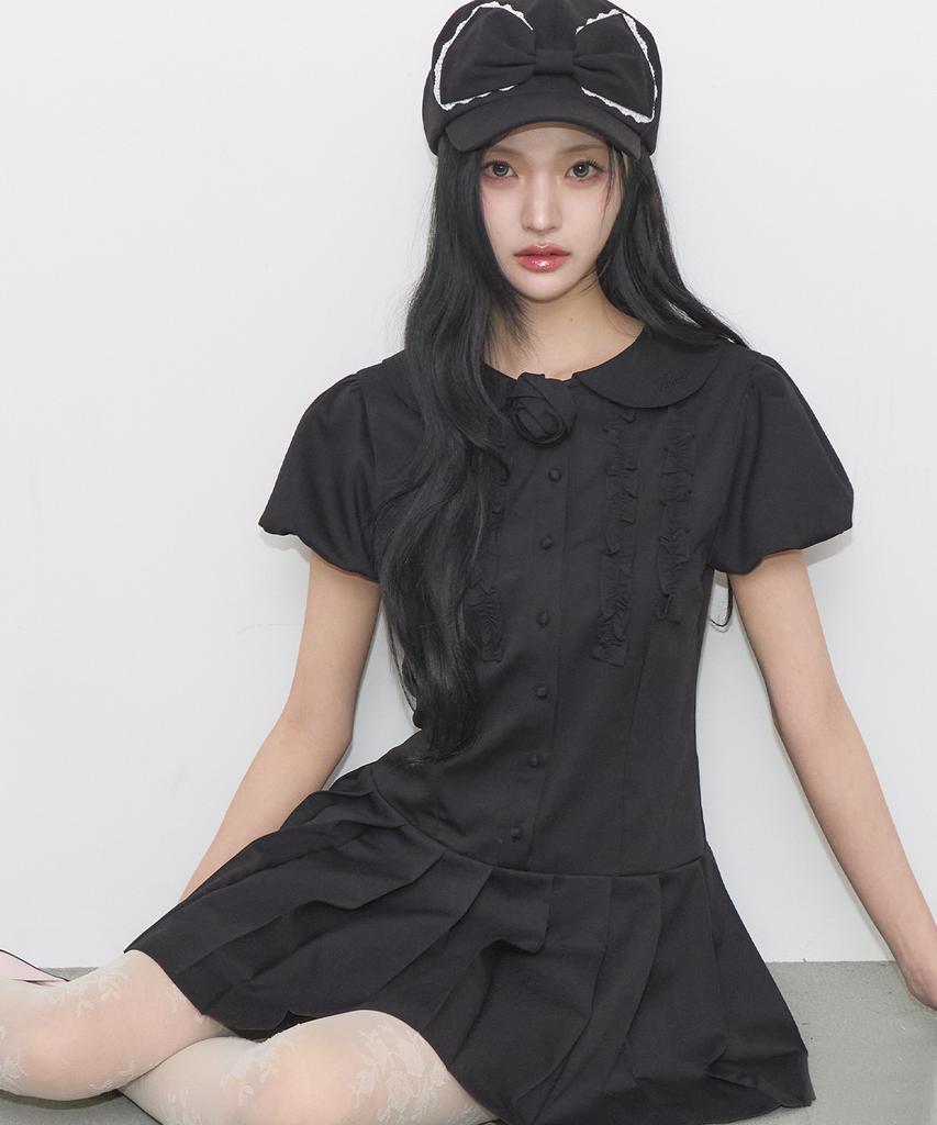Iligo Rose Pleated Mini Dress Black