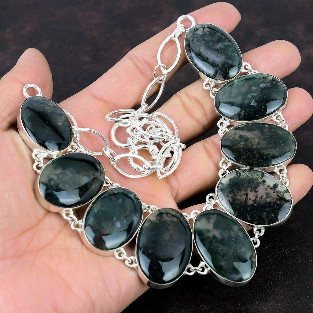 Ожерелье из мохового агата Изысканное ожерелье из драгоценных камней Ожерелье из стерлингового серебра 925 пробы Регулируемая цепочка Ожерелье Ювелирные изделия из мохового агата ручной работы Свадебный подарок