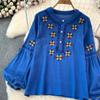 Женская блузка в этническом стиле с круглым вырезом и вышитыми рукавами-фонариками в стиле ретро, ​​летние женские топы с цветными блоками