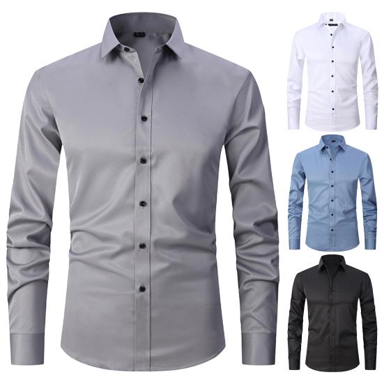Men Spring Fall Dress Shirt Turn-down Collar Slim Fit Single-breasted Long Sleeves Pure Color Mid Length Young Formal Business Event Office Top
