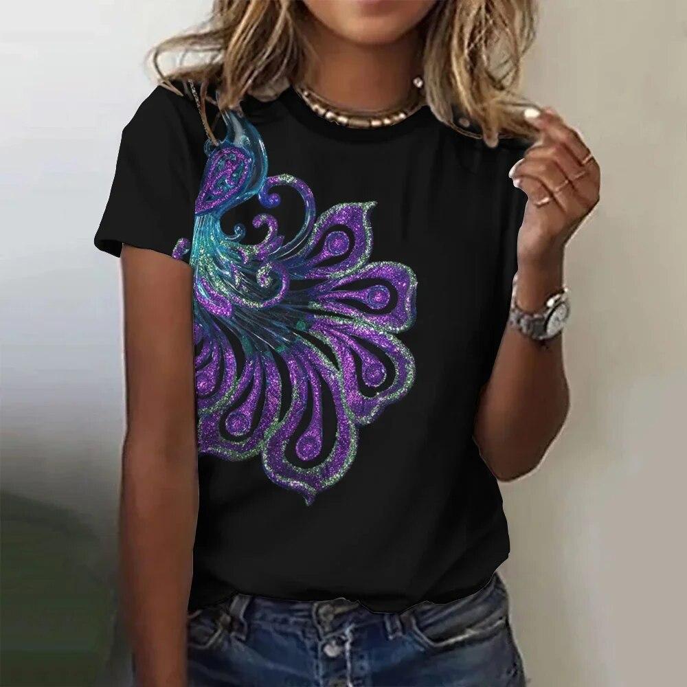 Винтажная футболка с 3D принтом перьев для женщин, женская одежда в стиле Харадзюку, повседневный пуловер с круглым вырезом, летние свободные футболки с короткими рукавами, повседневные топы