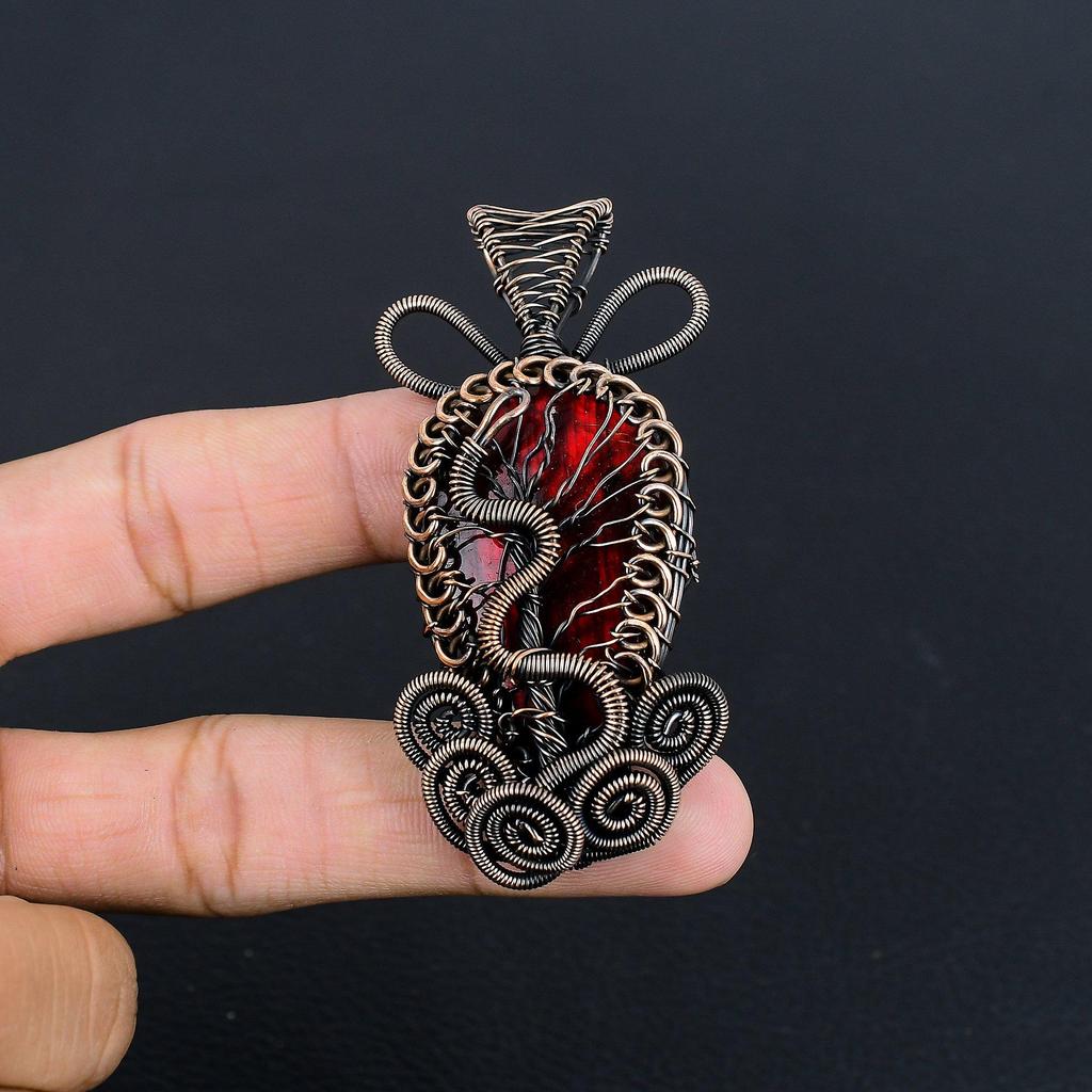 Red Flash Labradorite Pendant, 999 Copper Wire Wrapped Jewelry, Gemstone Jewelry Pendant, Handmade Wedding Gift Jewelry