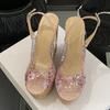 Fashion Liyke Summer Cozy 14.5CM Wood Wedge Sandal Women Fashion Flowers PVC Open Toe Buckle Strap Platform High Heels Party Dress Shoes