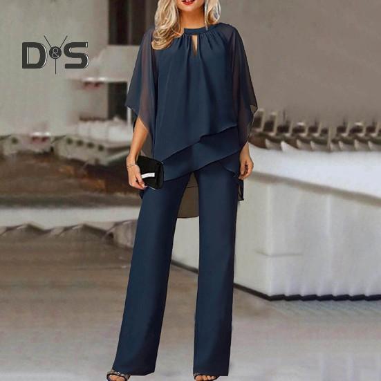 Комплект из 2 шт./компл., женский топ и брюки, комплект с открытыми рукавами и круглым вырезом, нерегулярный многослойный топ с широкими штанинами, однотонные брюки OL, повседневная одежда для поездок на работу