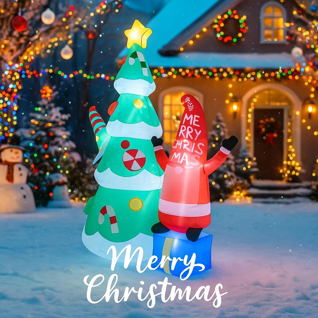 5.9FT LED Lit Inflatable Xmas Yard Decoration Christma Tree Gnome Set Outdoor Lawn Garden Supplies Home Decor Ornaments Toy Gift