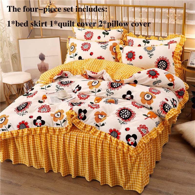 Толстый молочный бархат, четырехсекционная юбка-кровать, пододеяльник, наволочка, плюс бархатный теплый двусторонний пододеяльник, комплект постельного белья