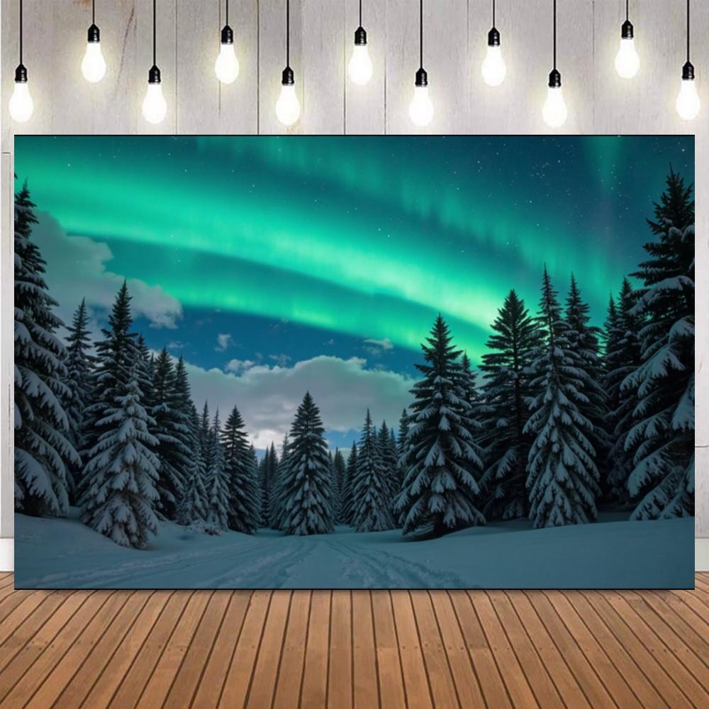 Winter Night Sky With Aurora Backdrop Snow Scene Mountains Lake Forest Starry Sky Natural Landscape Decor Photography Background1