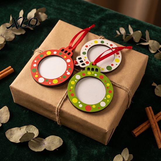 Wooden Photo Frame Ornament Christmas Pictures Hanging Ornaments, Red Green White Dots Pendants, Rustic Solid Wood Keepsake Mini Picture Frames