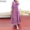 Women Casual Floral Round Neck 3/4 Sleeve Loose Long Dress
