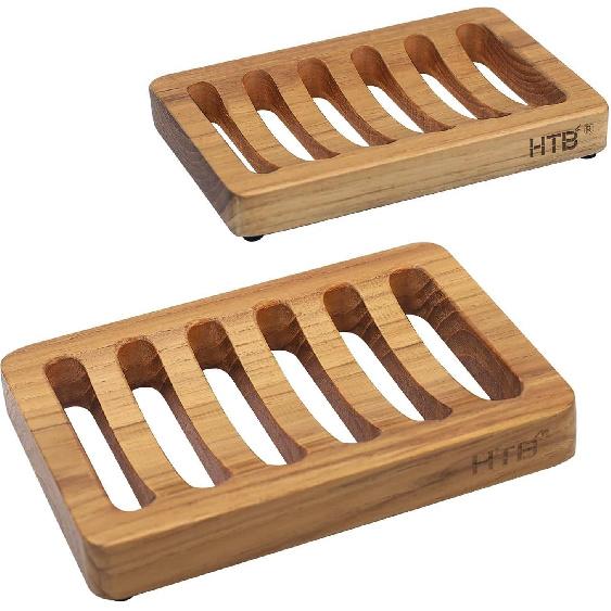 Slotted Bar Soap Holder Teak Wood by HTB, Kitchen Wooden Sponge Holder, Self Draining Soap Dish for Shower, Sink, Bathroom, Bathtub, RV