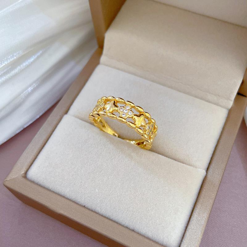 Real Gold Light Luxury Lucky Flower Ring Opening Adjustable Simple Jewelry Japanese Ring Couple Ring